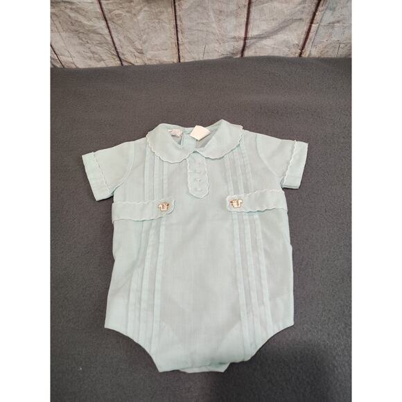 VTG Nannekins Romper Size 0-3 Months Seafoam Green Blue Squirrels - Picture 1 of 5